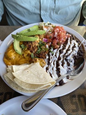soyrizo and eggs (vegetarian) with black beans   at Crossroads Cafe in Joshua Tree