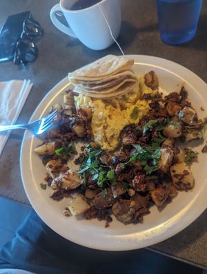 Soyrizo hash with just egg at Crossroads Cafe in Joshua Tree