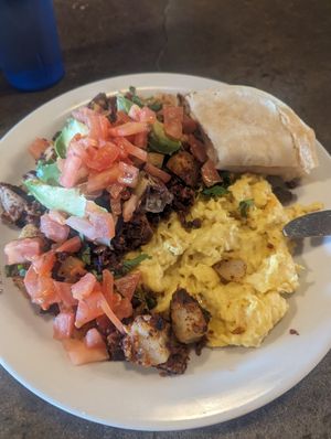 Soyrizo hash with just egg, avocado and tomato at Crossroads Cafe in Joshua Tree