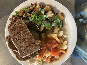 Soyrizo hash with tofu scramblee  at Crossroads Cafe in Joshua Tree