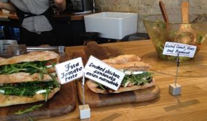 Typical lunch selection: small number of sandwiches (one of which is always vegan), daily soup (always vegan & gluten-free), daily salad (available vegan, I think).  at Hot Numbers Coffee - Trumpington St in Cambridge