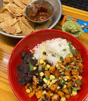 Veggie bowl, added Guac and jalapeños on the side. Spicy chips and salsa   at Amigos Tortilla Bar in Key West