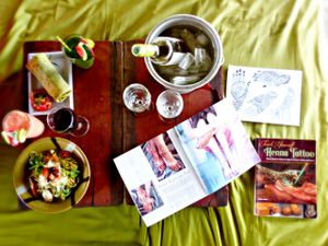 Pesto pasta, hummus wrap, fresh and organic smoothies ad wine at Deva in Kampot