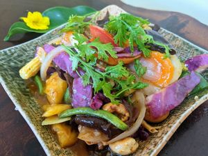 Deva Stir-fry 
with cashews, yuba, mushrooms, baby corn! at Deva in Kampot