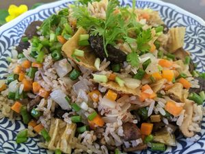 Organic Fried Rice with shotskes and smoked yuba only $2.50 at Deva in Kampot