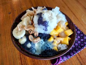Shaved Ice Dessert
banana, mango, basil seed, candied ginger, butterfly pea flower, cashews, sweetened condensed cashew milk at Deva in Kampot