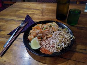 Pad Thai (and complimentary bottle of water) at Deva in Kampot