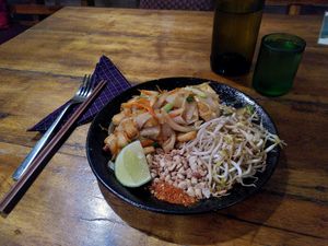 Pad Thai (and complimentary bottle of water) at Deva in Kampot