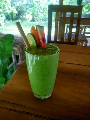 Superfood Greens Smoothie / Morning glory, cucumber, pineapple, lime, lemongrass, fresh moringa leaves  at Deva in Kampot