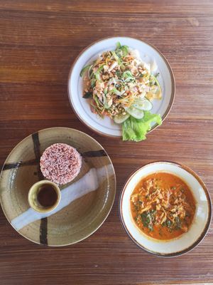 Vegan Amok (with yuba) and rice 4.5$ and salad with glass noodles 2.5$ at Deva in Kampot