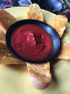 Vegan garlic bread and marinara  at Rasta Pasta in Colorado Springs