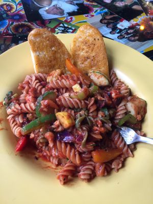 Vegan pasta with veggies at Rasta Pasta in Colorado Springs
