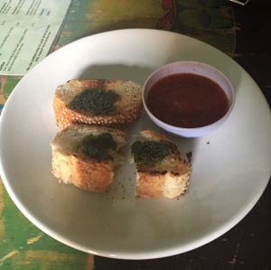 complimentary pesto bread  at Delicias Naturales in San Cristobal De Las Casas