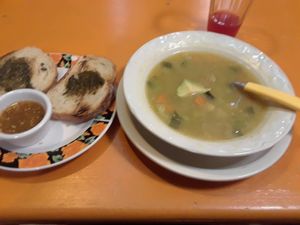 ginger turmeric soup with verges and yummy pesto bread at Delicias Naturales in San Cristobal De Las Casas