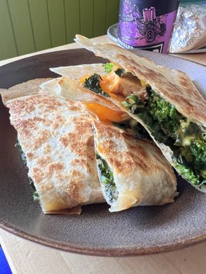  Vegan quesadilla with broccoli, kale, and tofu.  at Laughing Planet - Blair Blvd in Eugene