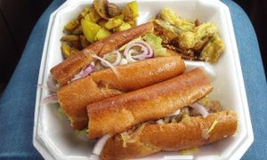 Smoked Apple sage po-boy, zucchini fries and curry garlic potatos at The Spoiled Vegan in Monroe