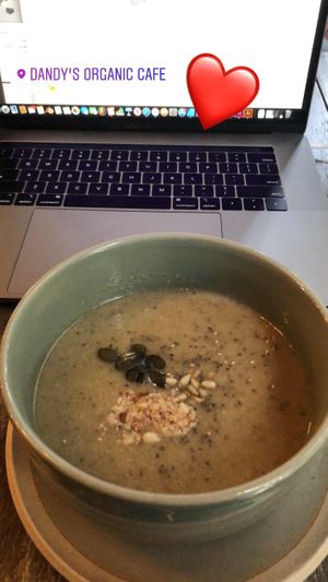Mushroom soup with chia seeds, pumpkin seeds, & crushed almonds at Dandy's Organic Cafe in Hong Kong Island