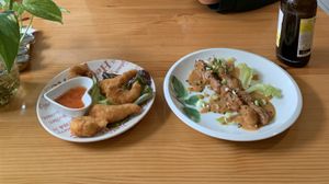 Fried shrimp and ‘sate'  at Loving Hut in Amsterdam