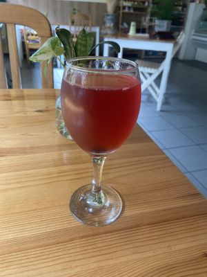 Water kefir with hibiscus: nice, but a bit bitter at Loving Hut in Amsterdam