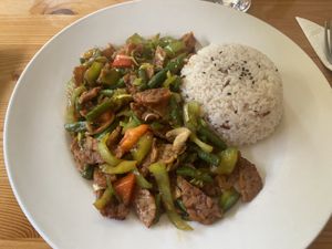 Tempeh badjak: spicy and flavourful, but too salty at Loving Hut in Amsterdam