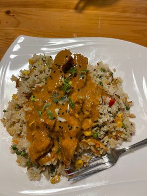 Nasi with sate   at Loving Hut in Amsterdam