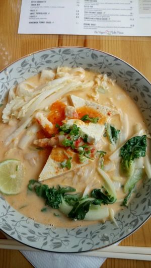 day special. spicy noodle soup with coconut milk and kimchi sauce. 14 euro. at Loving Hut in Amsterdam