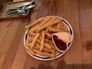 Amazing fries with homemade vegan mayonnaise  at Loving Hut in Amsterdam