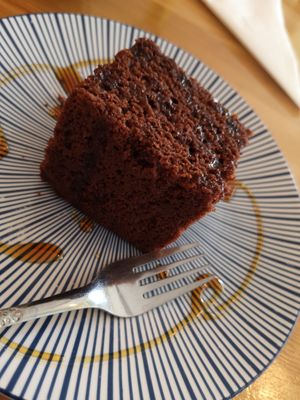 Chocolate brownie at Loving Hut in Amsterdam