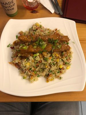 Vegan nasi with sate
 at Loving Hut in Amsterdam