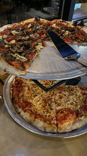 Vegan pie up top, cheese for kids below  at Versalia Pizza in Spokane
