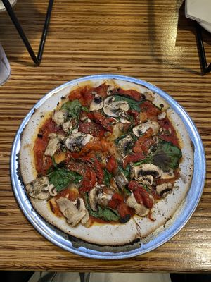 10” mushroom, spicy red sauce, spinach, hot peppers  at Versalia Pizza in Spokane