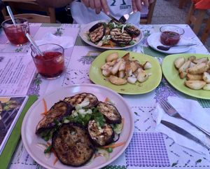 Berry drink for 60 cents, eggplant and roasted potatoes at Svetluska in Nitra