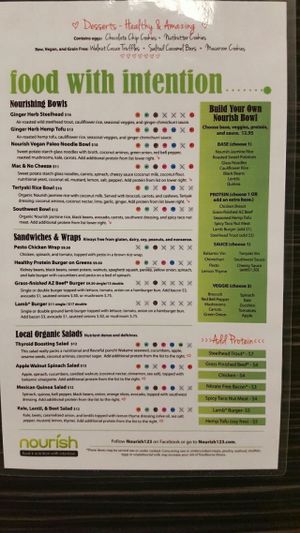 lunch/dinner menu all organic and gluten free at Nourish in Gilbert