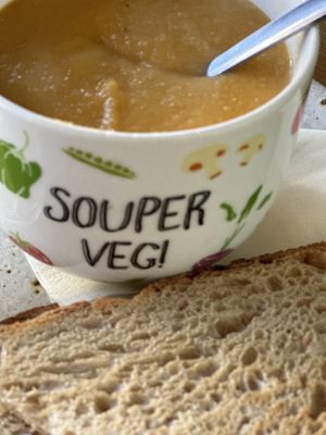 Carrot & Lentil Soup served with vegan spread and toast    at Hector's Shed in Shoreham-by-sea