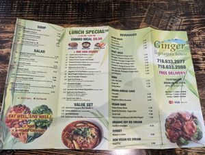 Menu at Ginger House in Brooklyn