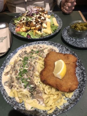Döner plate / Schnitzel with „Spätzle“ and mushroom cream   at Cafe Rost in Mannheim