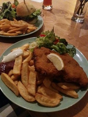 Vegan schnitzel with fries  at Cafe Rost in Mannheim