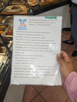 English menu at Mondo Arancina in Rome