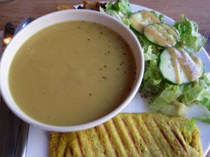 The soup of the day (cauliflower) was pretty tasty, but I preferred the Jamaican patty, filled with carrots and yumminess. The side salad was simple but good. at Cafe Tuyo in Montreal