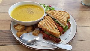 Soup of the day and végé pâté sandwich at Cafe Tuyo in Montreal