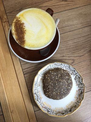 Golden milk + cookie at Cafe Tuyo in Montreal