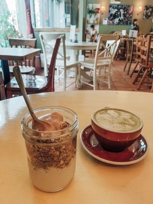 Matcha Latte and a yoghurt bowl  at Cafe Tuyo in Montreal