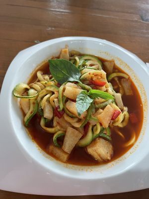 Thai noodles with I think pineapple and jicama- served hot. Mildly sweet- delicious.  at Playa Detox in Puerto Vallarta