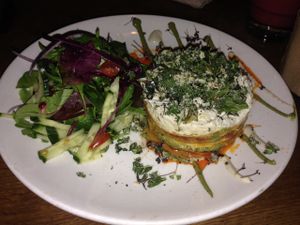 steamed lasagna and salad  at Vantra Vitao in London