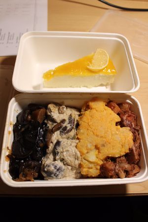 Pay-by-the-box and I couldn't decide what to get so I got the mushroom stew, mushroom stroganoff, mash and BBQ jackfruit. The mash and jackfruit were nice, the mushroom dishes not so much but I think that's because I got them at 10:30pm and they'd been sitting there for probably hours making the mushrooms rubbery. Also got a lemon cheesecake which I wasn't a fan of but other people might like it.  at Vantra Vitao in London