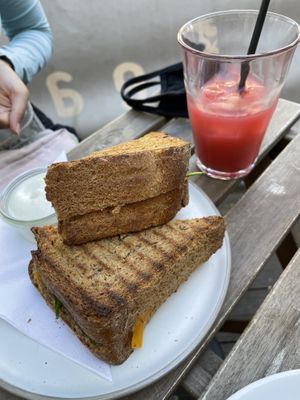 Vegan Toast with vegan cheese, raspberry mint ice tea   at The Tea Lab in Rotterdam
