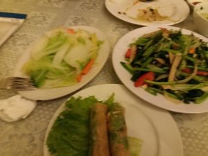 Summer rolls, fresh vegetables and fried noodles. at Loving Hut - Chua Lang in Hanoi