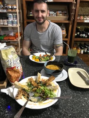 Salad Tempe, Pumpkin green salad, lentils soup and Vegan Chips are so nice! at Natural Efe Macrobiotic World in Phuket