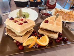 Waffle special with beyond sausage meet and Just egg stacked with Cranberries YUMMO 😋  at Hot Stacks Cafe in Myrtle Beach