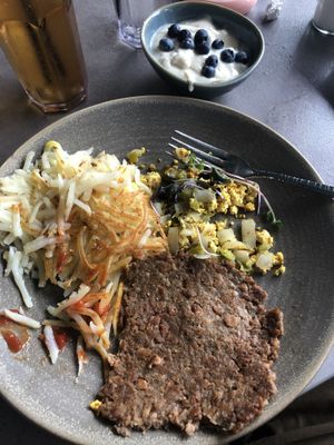 American Brekkie with 1 ‘egg’(tofu scramble), soy yogurt and hashies! at Hot Stacks Cafe in Myrtle Beach